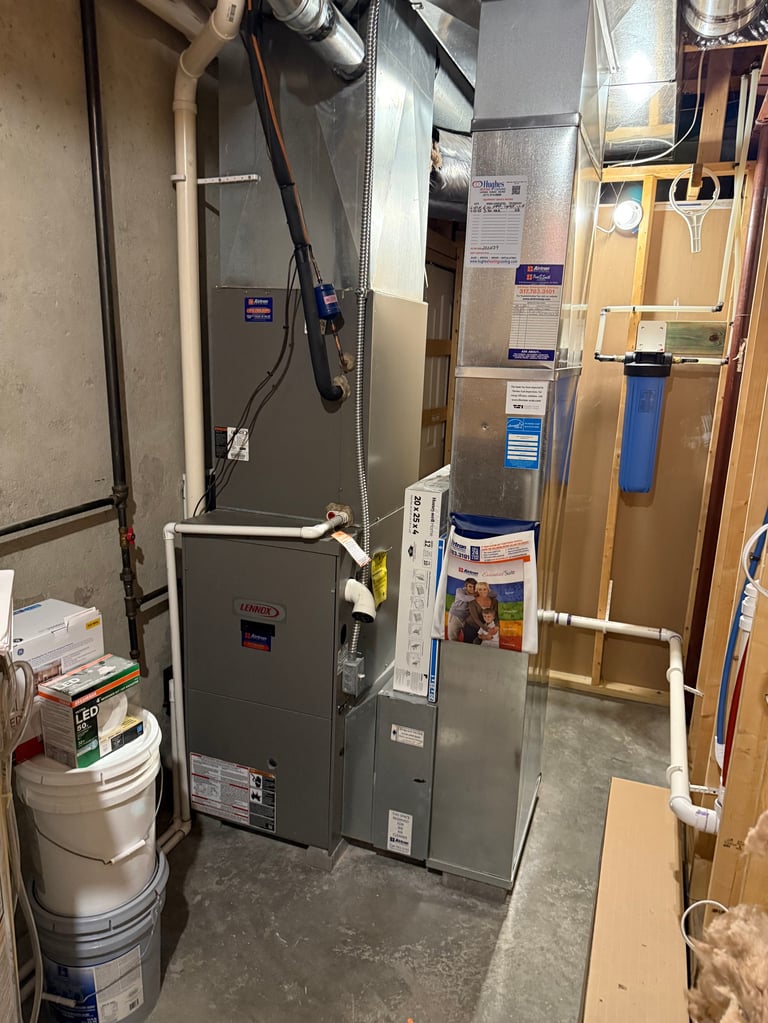 HVAC mechanical room with furnace, water heater, ductwork, and PVC pipes against basement walls